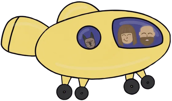 Nicholas, Katelyn, and their dog Wayne flying a yellow ship