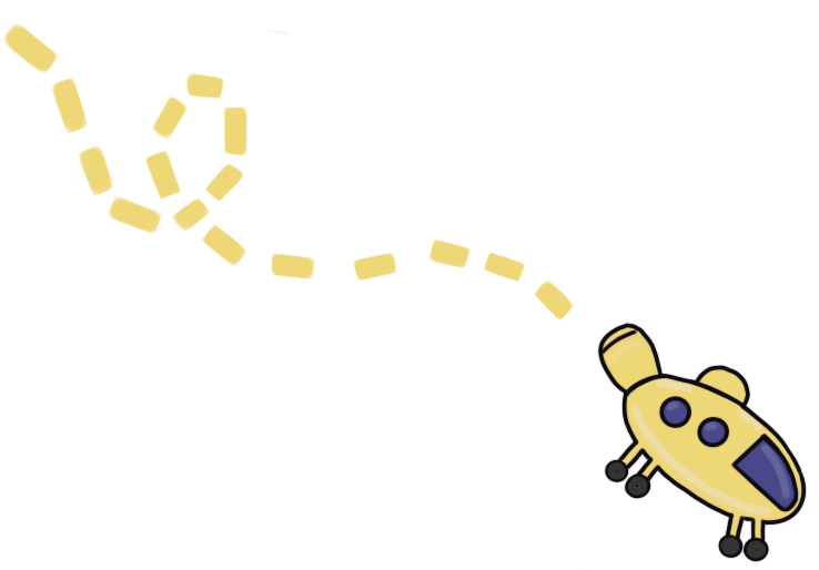 The crew flying in a yellow ship